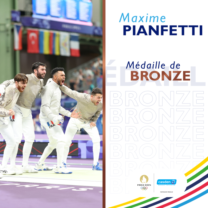 CASDEN (@casden_bp) on Twitter photo Médaille de bronze pour <a href="/MPianfetti/">Maxime Pianfetti</a> en Escrime !
Une médaille de plus pour l’Equipe de France Olympique à <a href="/Paris2024/">Paris 2024</a> grâce à la performance de Maxime, soutenu par la <a href="/Casden_BP/">CASDEN</a> !👏
#PacteDePerformance <a href="/fondationsport/">Fondation du Sport Français</a> Médaille de bronze pour <a href="/MPianfetti/">Maxime Pianfetti</a> en Escrime !
Une médaille de plus pour l’Equipe de France Olympique à <a href="/Paris2024/">Paris 2024</a> grâce à la performance de Maxime, soutenu par la <a href="/Casden_BP/">CASDEN</a> !👏
#PacteDePerformance <a href="/fondationsport/">Fondation du Sport Français</a>