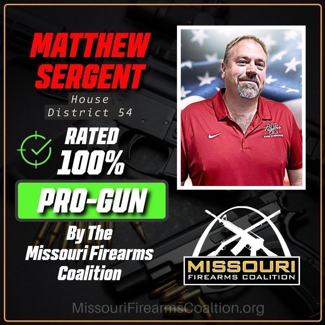 MOFirearms2A's tweet image. @RepMattSergent has surveyed 100% pro-gun with the Missouri Firearms Coalition. That means Sergent has vowed to fight for gun owners by sponsoring pro-gun bills like:

1. Enhanced Stand-Your-Ground law.
2. Legislation to ban Red Flags.

And it means that Sergent is a hell no on