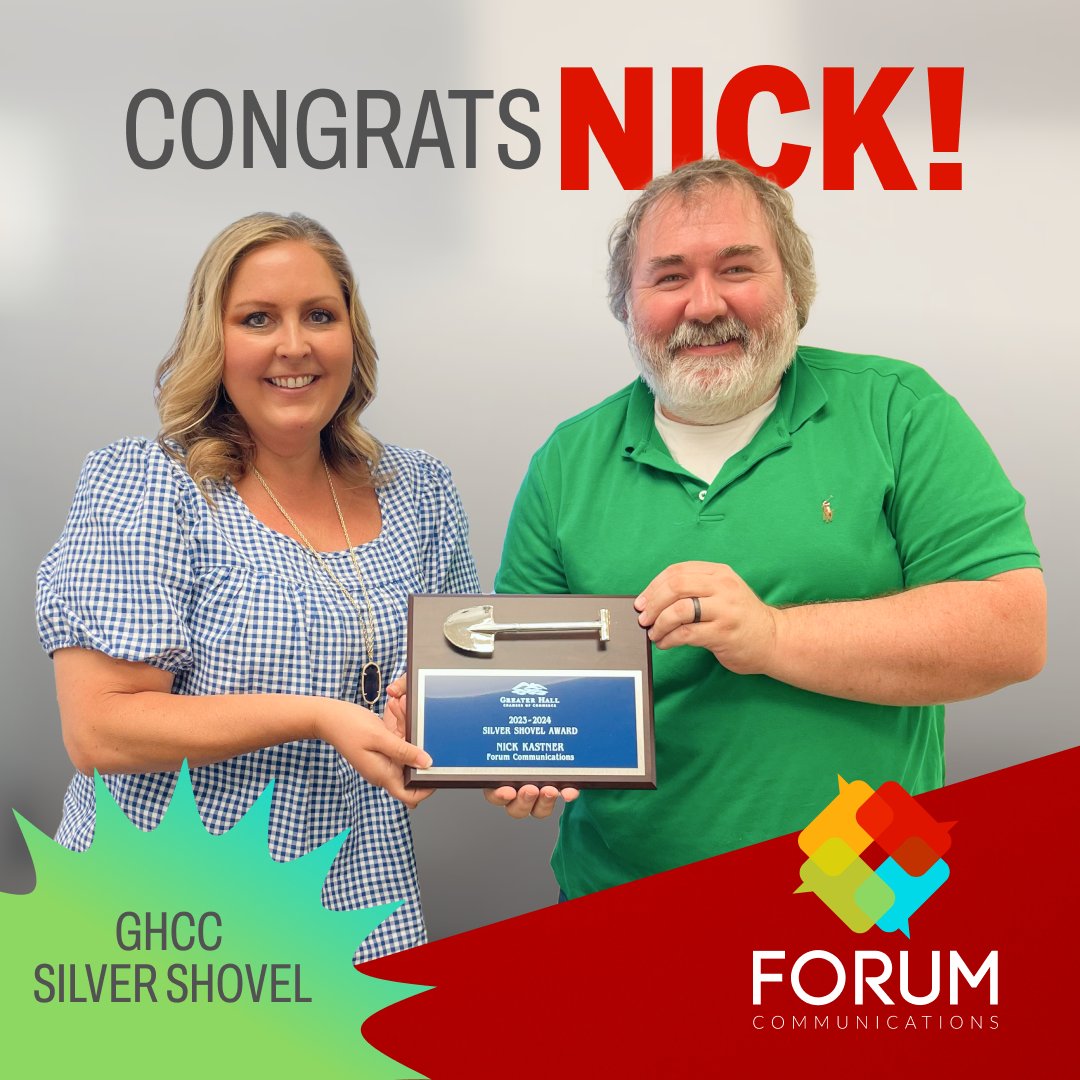 Forum Communications (@forumspeaks) on Twitter photo Congrats to Forumโs <a href="/professoroflife/">Nick Kastner</a> a 2024 Silver Shovel Award recipient from the Greater Hall Chamber of Commerce. Way to go, Nick! We appreciate all you do for Forum, the businesses we serve and our community! Congrats to Forumโs <a href="/professoroflife/">Nick Kastner</a> a 2024 Silver Shovel Award recipient from the Greater Hall Chamber of Commerce. Way to go, Nick! We appreciate all you do for Forum, the businesses we serve and our community!