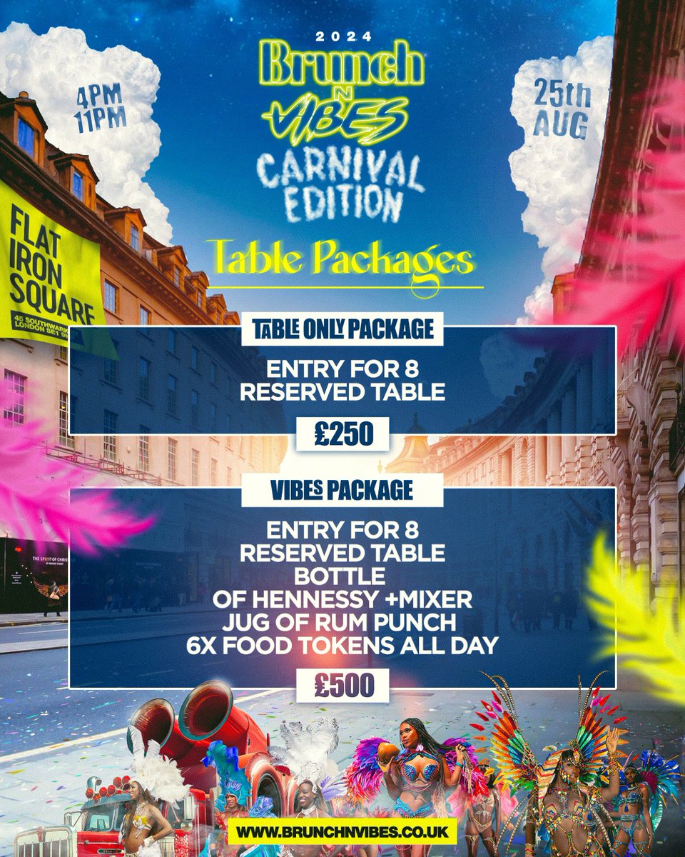 Brunch N Vibes - Carnival Edition

📆 Bank Holiday Sun 25th Aug

TICKETS OUT NOW ‼️‼️

link.dice.fm/C5dd95aa9908