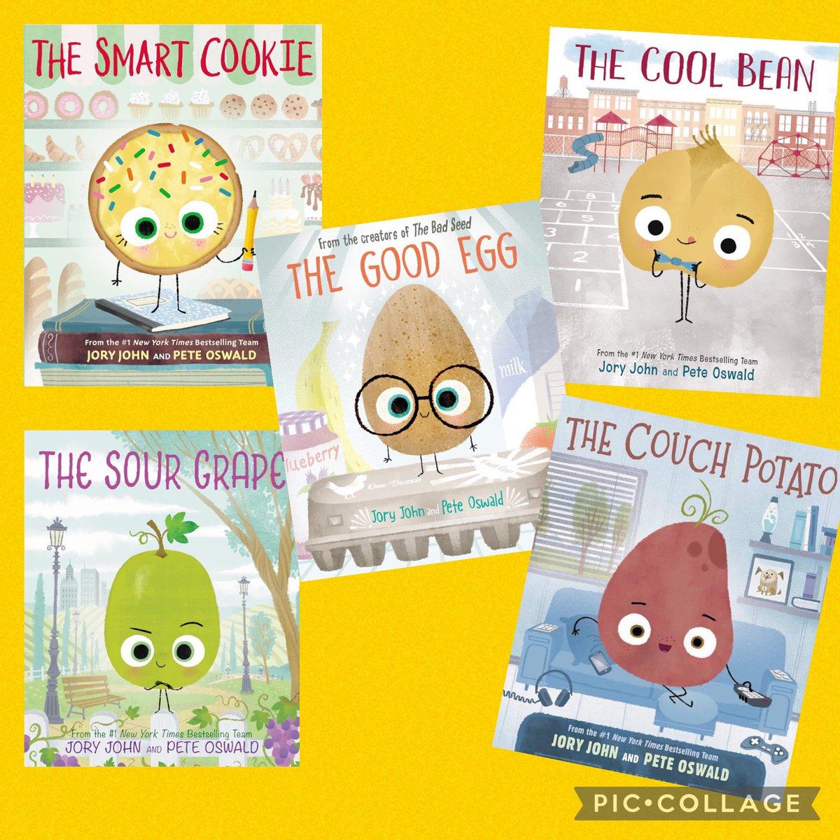 Books #16-20 of the summer ✅
The Cool Bean
The Sour Grape
The Couch Potato
The Good Egg
The Smart Cookie 
All by <a href="/IamJoryJohn/">Jory John</a> &amp; <a href="/peteoswaldart/">Pete Oswald</a> 
Loved The Big Cheese so much I wanted to read the rest of the food group! Now to choose which book to read for which class #BookLove