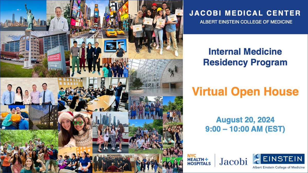 Jacobi Internal Medicine Chiefs (@jmcchiefs) on Twitter photo Please join our Virtual Open House on August 20th, 2024, to learn more about our residency program!
Webex link:
hhc.webex.com/hhc/j.php?MTID…
Meeting number:
2318 783 4603
Password: jacobi@1
<a href="/AndrewGutwein/">Andrew Gutwein MD</a> #MedTwitter #Match2025 #residency Please join our Virtual Open House on August 20th, 2024, to learn more about our residency program!
Webex link:
hhc.webex.com/hhc/j.php?MTID…
Meeting number:
2318 783 4603
Password: jacobi@1
<a href="/AndrewGutwein/">Andrew Gutwein MD</a> #MedTwitter #Match2025 #residency