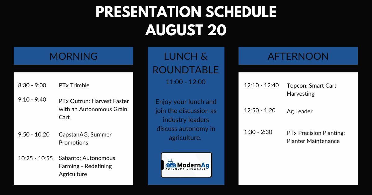 ModernAg_PS's tweet image. Check out the presentation schedule for the ModernAg Autonomy Show, coming up August 20 &amp;amp; 21. Register at buff.ly/4ftNROC

#kansasag #nebraskaag #missouriag @JCATechnologies @SabantoAg @AgriSprayDrones @AgLeaderTech @topconag @ptx_trimble @PrecisionPlant @CapstanAg