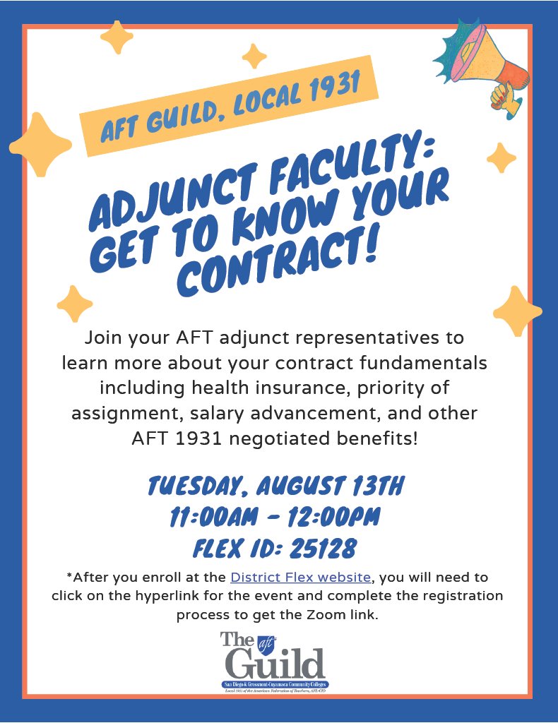AFTGuild1931's tweet photo. Need Flex hours? Want to know more about your adjunct contract? Join us Tuesday August 13th from 11:00AM-12:00PM. Register for the event through the District Flex website: https://t.co/GW8dVXLdnM. Be sure to register for the zoom link after enrolling at the District Flex website. https://t.co/x4tlHpQfpW