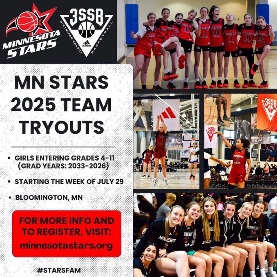 Minnesota Stars AAU (@minnesotastars) on Twitter photo 🚨 2025 TEAM TRYOUTS INFO ‼️
Back in the gym tonight, Thursday and Sunday! 🔜
Check out MinnesotaStars.Org for all of the dates/times & to get signed up today!
<a href="/FiveStateHoops/">Five State Hoops</a> <a href="/GMacHoops/">Grant McGinnis</a> <a href="/EricJrAllStar/">EricJrAllStar</a>
#StarsFam | #3SSB 🏀🔥 🚨 2025 TEAM TRYOUTS INFO ‼️
Back in the gym tonight, Thursday and Sunday! 🔜
Check out MinnesotaStars.Org for all of the dates/times & to get signed up today!
<a href="/FiveStateHoops/">Five State Hoops</a> <a href="/GMacHoops/">Grant McGinnis</a> <a href="/EricJrAllStar/">EricJrAllStar</a>
#StarsFam | #3SSB 🏀🔥