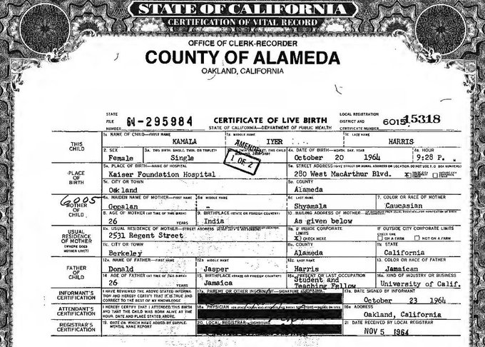 EXCLUSIVE: Kamala Harris’ Birth Certificate States She Is Not Black