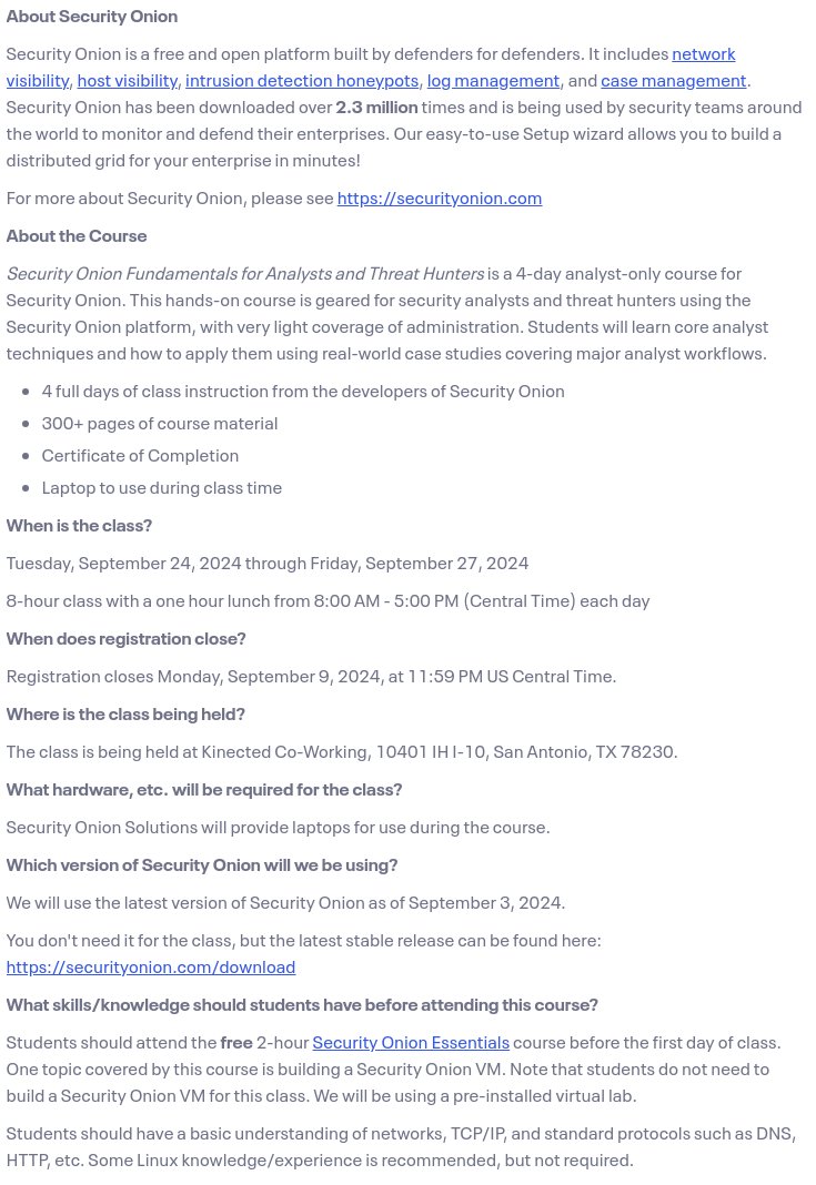 securityonion's tweet photo. 10% Early Bird discount for Security Onion for Analysts &amp; Threat Hunters Class in September 2024!
https://t.co/uamq4C68oD

#SecurityOnion #Training #Cybersecurity #Infosecurity #infosec #ThreatHunting https://t.co/fVZIrmgYj9