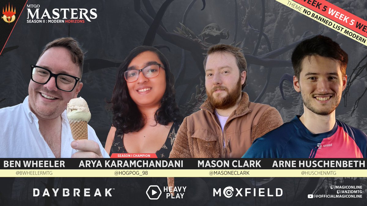 MagicOnline's tweet image. No Banlist Modern!? This might be our fastest #MTGOMasters episode yet.

Live:
twitch.tv/magiconline
twitch.tv/anzidmtg

🔸 Hosts
🔹 @TheWillHallExp
🔹 @anzidmtg

🔸 Pod 5
🔹 @hogpog_98
🔹 @BWheelerMTG
🔹 @Huschenmtg
🔹 @masoneclark

Sponsors: @HeavyPlayLLC, @moxfieldmtg