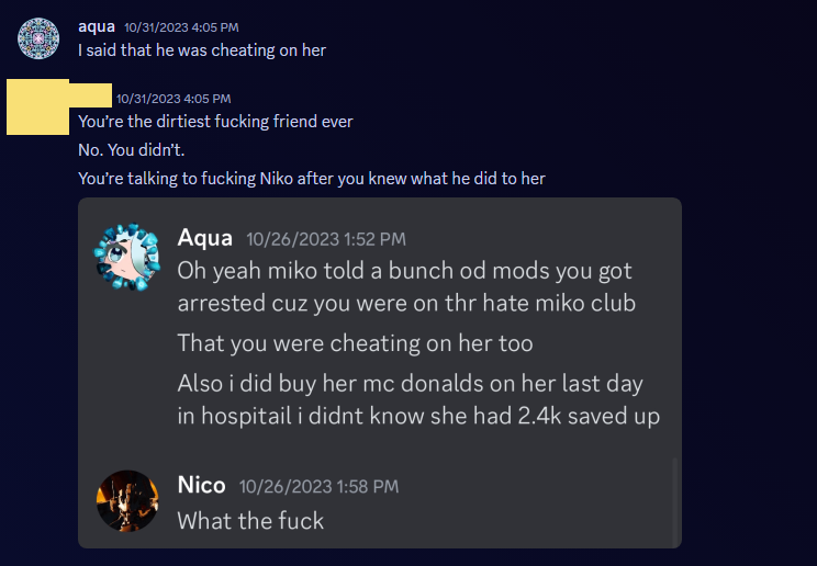 PoppyFiles2's tweet photo. This is a conversation between our source and Aqua regarding the "Miko Hate Cult" again. However, Aqua is in deep waters again since Aqua had begun to talk to Miko's ex and this "Hate Cult" while also being in AkumaMiko's server- Aqua even called herself AkumaMiko's friend. https://t.co/Om5rW57Fzp