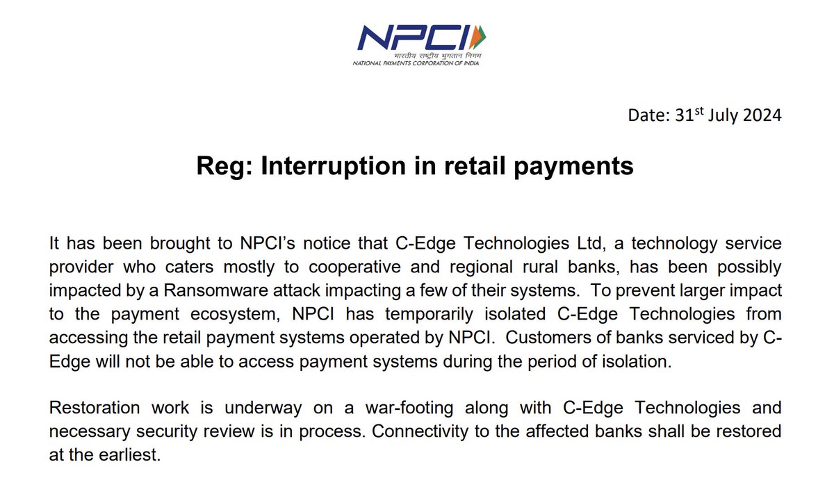 Mihir Bagwe (@mihirbagwe) on Twitter photo #Ransomware attack on C-Edge Technologies, a third-party service provider has disrupted payment systems at nearly 300 small Indian banks. Customers of these banks were unable to access ATMs and UPI services
C-Edge is a joint venture between <a href="/TCS/">Tata Consultancy Services</a> and <a href="/TheOfficialSBI/">State Bank of India</a>.
<a href="/NPCI_NPCI/">NPCI</a> #Ransomware attack on C-Edge Technologies, a third-party service provider has disrupted payment systems at nearly 300 small Indian banks. Customers of these banks were unable to access ATMs and UPI services
C-Edge is a joint venture between <a href="/TCS/">Tata Consultancy Services</a> and <a href="/TheOfficialSBI/">State Bank of India</a>.
<a href="/NPCI_NPCI/">NPCI</a>