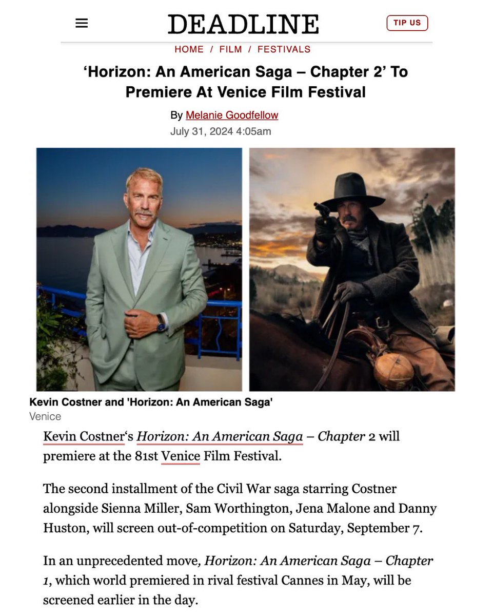 Kevin Costner & MW (@modernwest) on Twitter photo My dream was always to show <a href="/Horizonsaga/">Horizon: An American Saga</a> Chapter 2 at the Venice Film Festival.Ā The fact that now they have decided to show Chapter 1 earlier in the day and then the World Premiere of Chapter 2 that evening shows not only their belief in how the two films work together but their My dream was always to show <a href="/Horizonsaga/">Horizon: An American Saga</a> Chapter 2 at the Venice Film Festival.Ā The fact that now they have decided to show Chapter 1 earlier in the day and then the World Premiere of Chapter 2 that evening shows not only their belief in how the two films work together but their