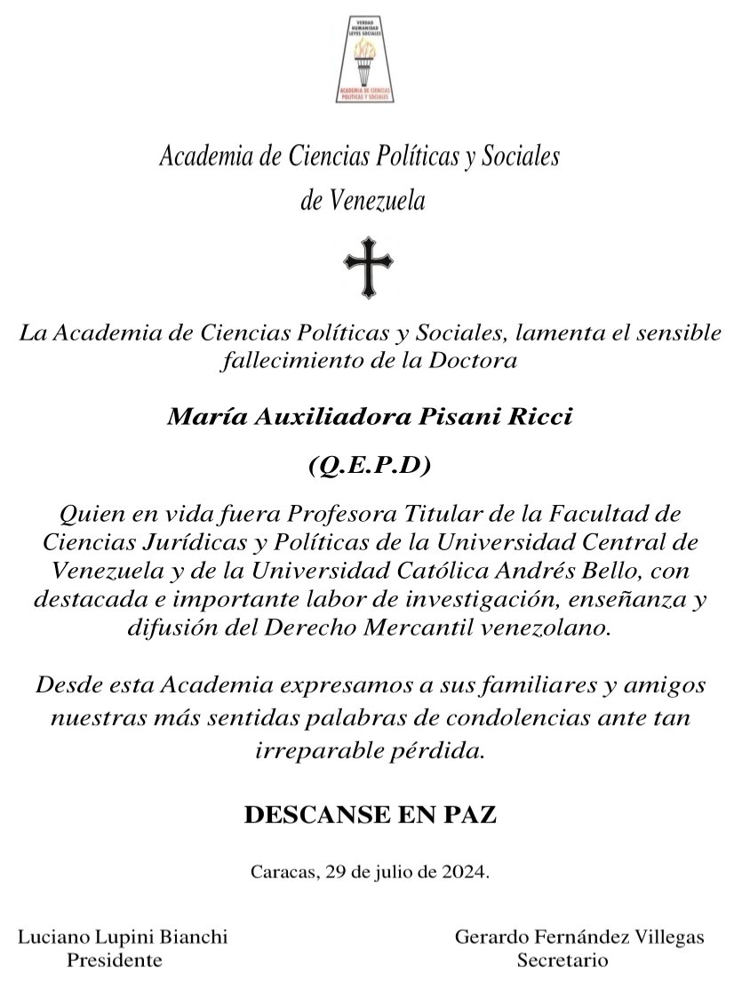 Acuerdo de duelo por el lamentable fallecimiento de la Doctora María Auxiliadora Pisani Ricci (Q.E.P.D).