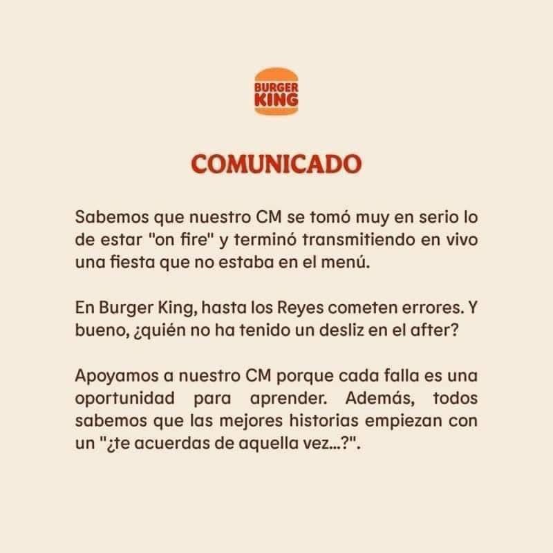 AlexVidalNews's tweet photo. El CM de Burger King en Ecuador, ‘accidentalmente’ publicó un en vivo en la página de la empresa, en lugar de su cuenta personal.

En vez de botarlo, la marca decidió apoyarlo, manteniendo el video y publicando un comunicado con un mensaje positivo. Gestión de crisis. https://t.co/AQEIzoHMKI
