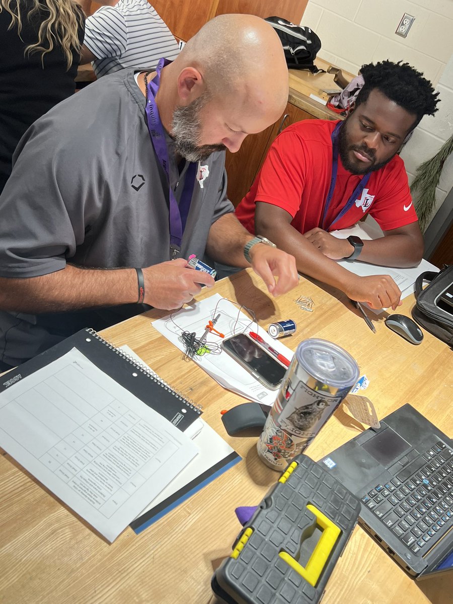 kellycowan's tweet photo. The secondary science and math teachers joined together today to learn from @ArgumentDriven about generating curiosity in our students!  We learned about linear functions and magnetism all while “playing” with nails and batteries!  @LovejoyHS @WSMSLovejoyISD @lovejoyisd1 https://t.co/HcODHwMeLa