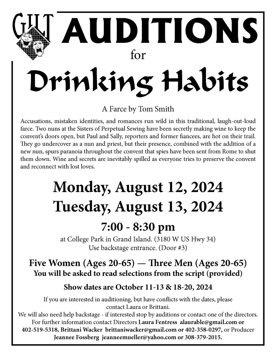 Auditions for GILT'S  October 2024 show:  DRINKING HABITS   are August 12th &amp; 13th  7:00 - 8:30 p.m.