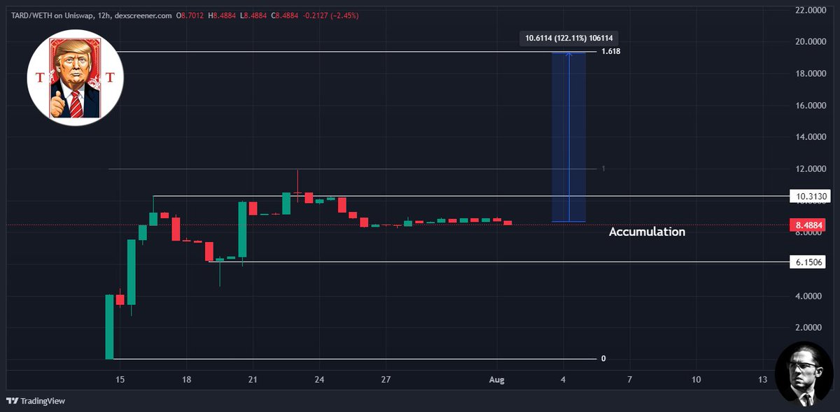 Degen_Hardy's tweet photo. Bought more $TARD on ETH 🔥

This chart showing signs of accumulation

No major sell pressure, JEETS are nowhere to be seen

✅$8.4M in market cap

$TARD could be your MEME TRUMP CARD!

Don't fumble your bags anon!

@TrumpCardETH 
CA: 0x58132486f5c8756860209D01C584c0AF92f163a2