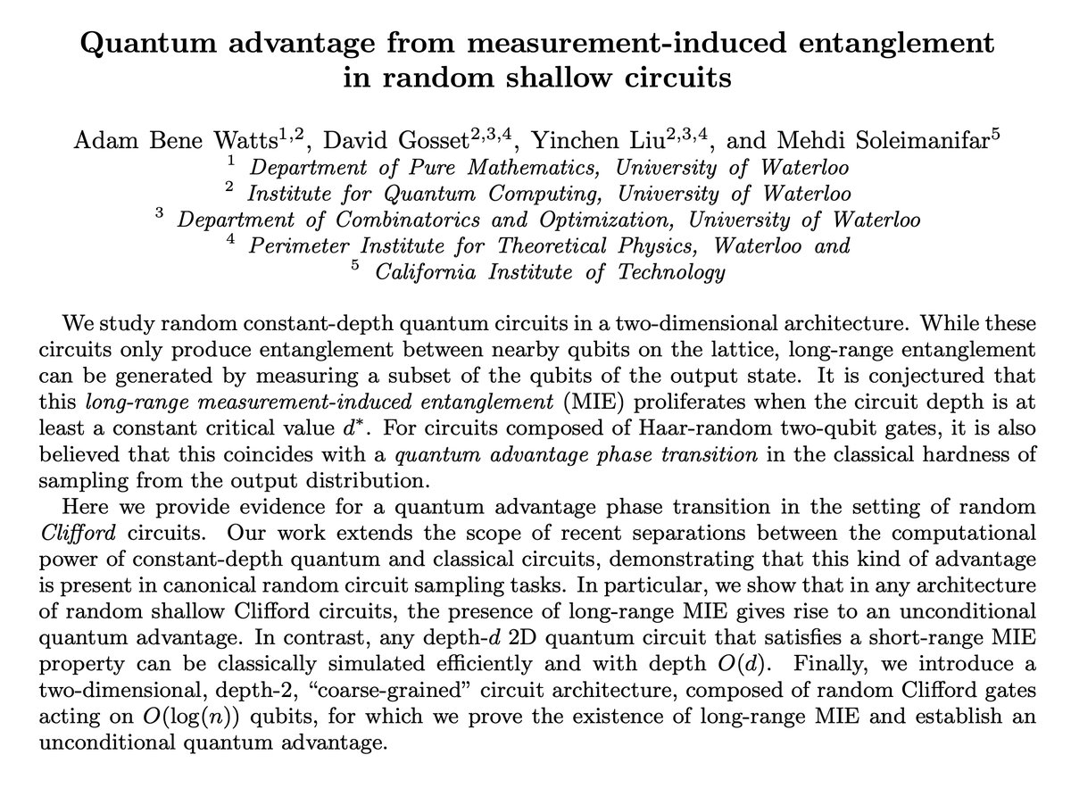MSoleimanifar's tweet photo. Why is it hard to classically sample from the output distribution of random quantum circuits?

In a joint work (https://t.co/KBekb78f3l) with Adam Bene Watts, David Gosset, and Yinchen Liu, we study this question, explore the physics behind it, and prove a quantum advantage.🧵 https://t.co/yrsQj8Lq2Z