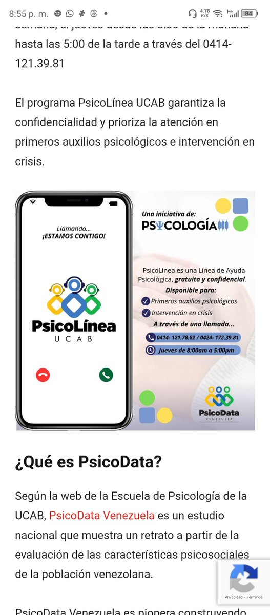 ZaraJFermin's tweet image. La Universidad Católica Andrés Bello  presta el  servicio gratuito de atención psicológica PsicoLínea @enlaucab .

La atención al público será una vez a la semana, los jueves desde las 8:00 de la mañana hasta las 5:00 de la tarde a través del 0414-121.39.81