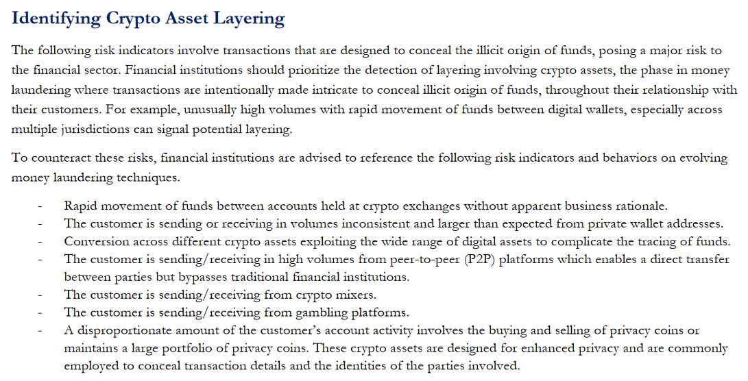 publicintel's tweet photo. "Crypto asset layering" indicators include a "disproportionate amount of the customer’s account activity involves the buying and selling of privacy coins" and "sending or receiving in volumes inconsistent and larger than expected from private wallet addresses" https://t.co/vJ9uEf64uF