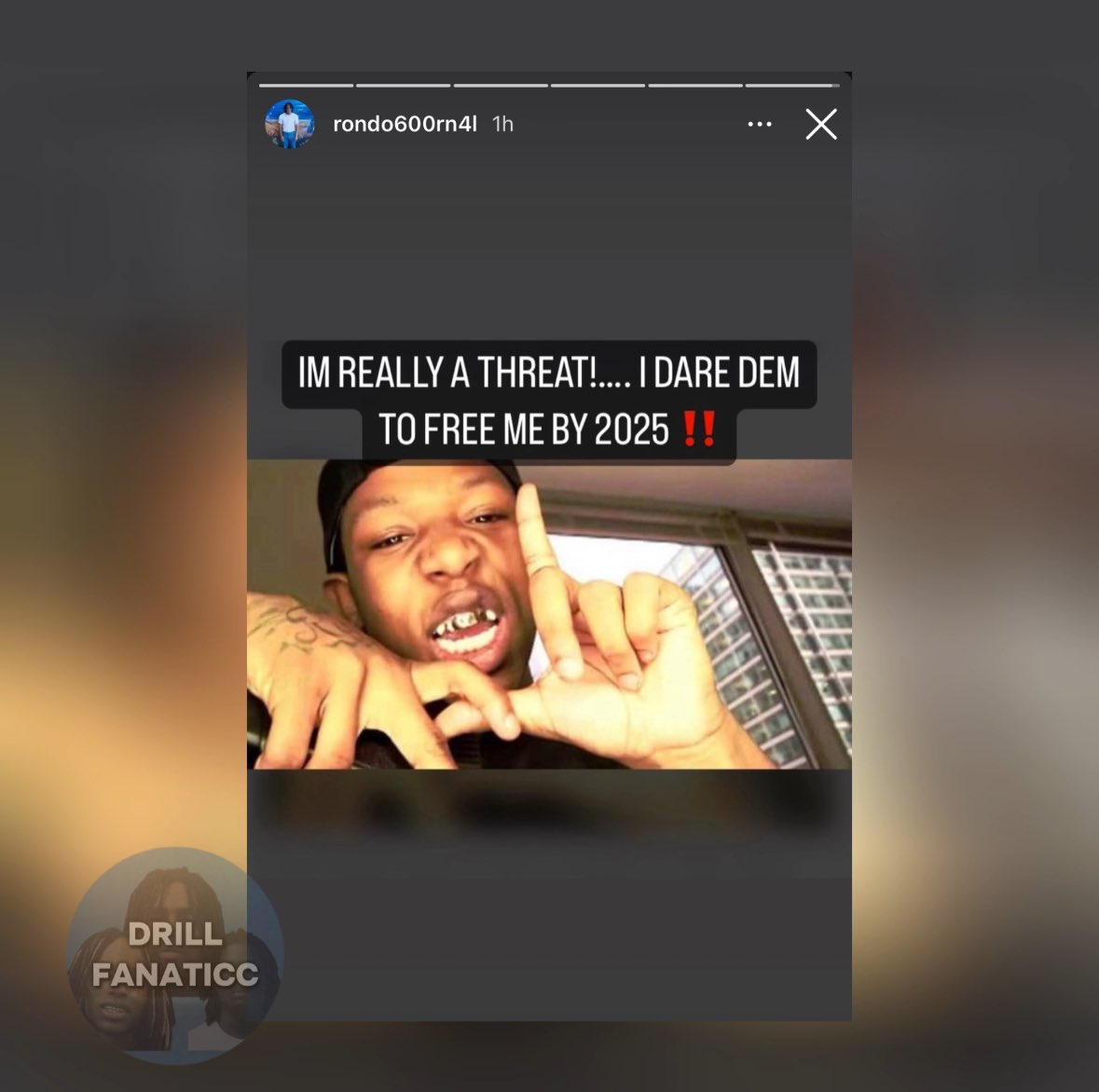 drillfanaticc's tweet photo. Chicago rapper Rondonumbanine with a message from behind bars:

“IM REALLY A THREAT!… I DARE DEM TO FREE ME BY 2025‼️”
•
•
He has currently served 9 out of his 39-year sentence, which began in 2014.🗓️

#ChicagoIL #rondonumbanine #team600 https://t.co/YS5oz4Fp7S