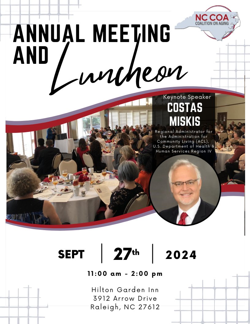 NcAging's tweet photo. 📅 NC Coalition on Aging's Annual Meeting on September 27, 11 AM - 2 PM!
🌟 Keynote: Costas Miskis, Regional Administrator for the ACL, U.S. Department of Health and Human Services Region IV.
Register: https://t.co/zyC0Up40QX
#NCCOA #AnnualMeeting https://t.co/wuJcrOEgxa