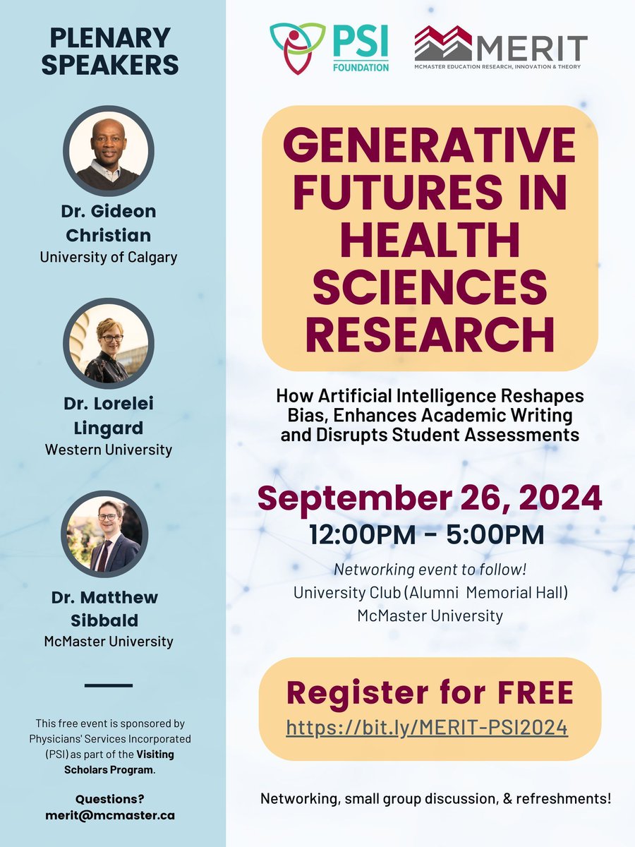 McMaster Education Research, Innovation & Theory (@merit_mcmaster) on Twitter photo The <a href="/PSIFoundation/">PSI Foundation</a> sponsored conference is BACK this year on September 26! This year's topic is "Generative Futures in Health Sciences Research" featuring <a href="/ProfXtian/">Dr. Gideon Christian</a>, <a href="/LingardLorelei/">Lorelei Lingard</a>, and <a href="/SibbaldMatt/">Matt Sibbald</a> as our speakers. Registration is mandatory: buff.ly/4dqIq18 The <a href="/PSIFoundation/">PSI Foundation</a> sponsored conference is BACK this year on September 26! This year's topic is "Generative Futures in Health Sciences Research" featuring <a href="/ProfXtian/">Dr. Gideon Christian</a>, <a href="/LingardLorelei/">Lorelei Lingard</a>, and <a href="/SibbaldMatt/">Matt Sibbald</a> as our speakers. Registration is mandatory: buff.ly/4dqIq18