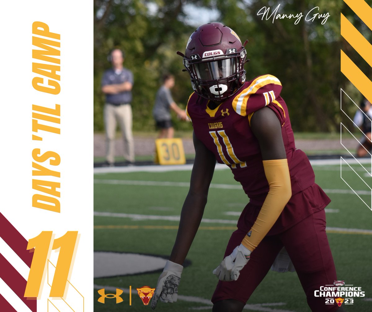1️⃣1️⃣ Days until Fall Camp! ⛺️

WR Manny Guy (Austin, MN) is ready for year 2 with the Cougs! 🏈

#TEAM #RollCougs🐾