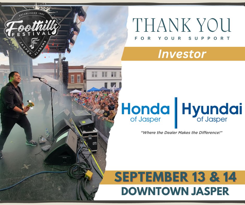 Foothills Festival would not be possible without our partners! Thank you, Honda | Hyundai of Jasper for being a Foothills Festival investor!
#foothillsfestival2024