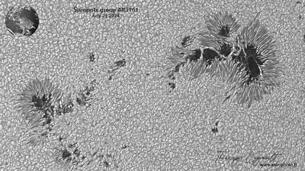 ThierryLegault's tweet image. A large sunspot group and the solar granulation in high resolution with C14 EdgeHD and Astrolar photo sheet 馃槑
Each granulation cell is approximately 1000 km wide and lives only a few minutes.