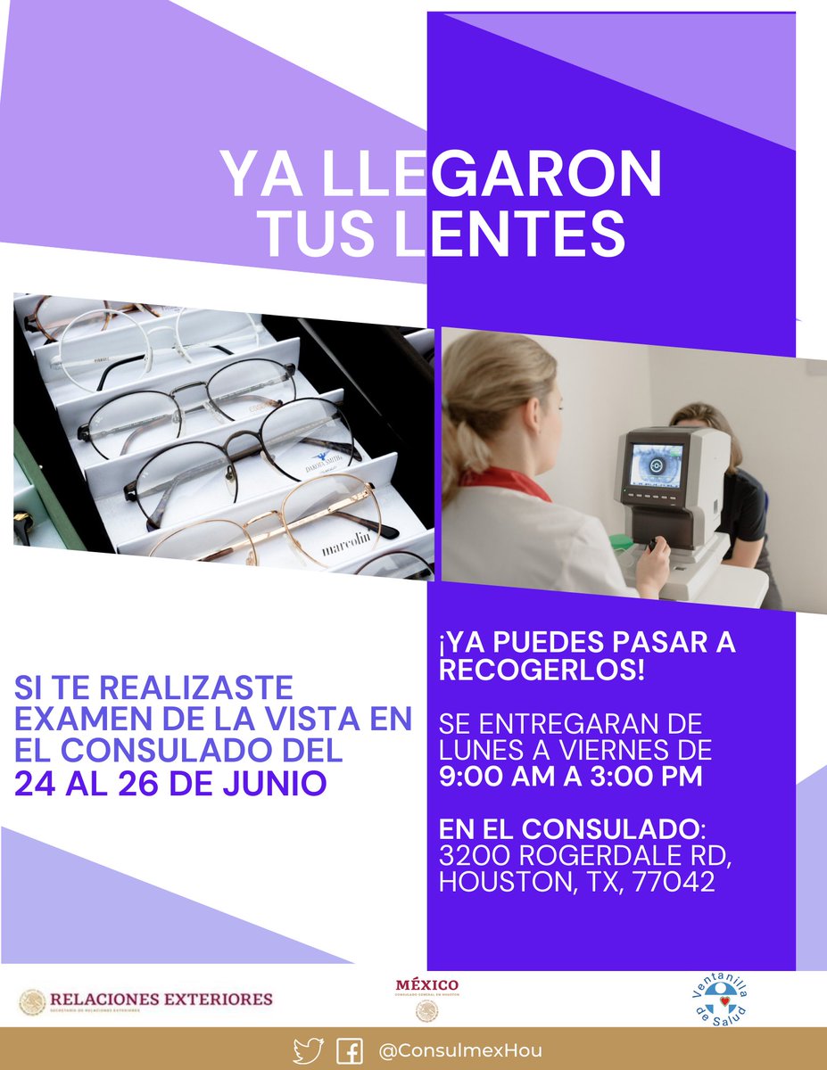 ¡Ya llegaron tus lentes! Sí te realizaste el examen de la vista en el Consulado del 24 al 26 de junio, ya puedes pasar a recogerlos de lunes a viernes de 9 de la mañana a 3 de la tarde.✨👓