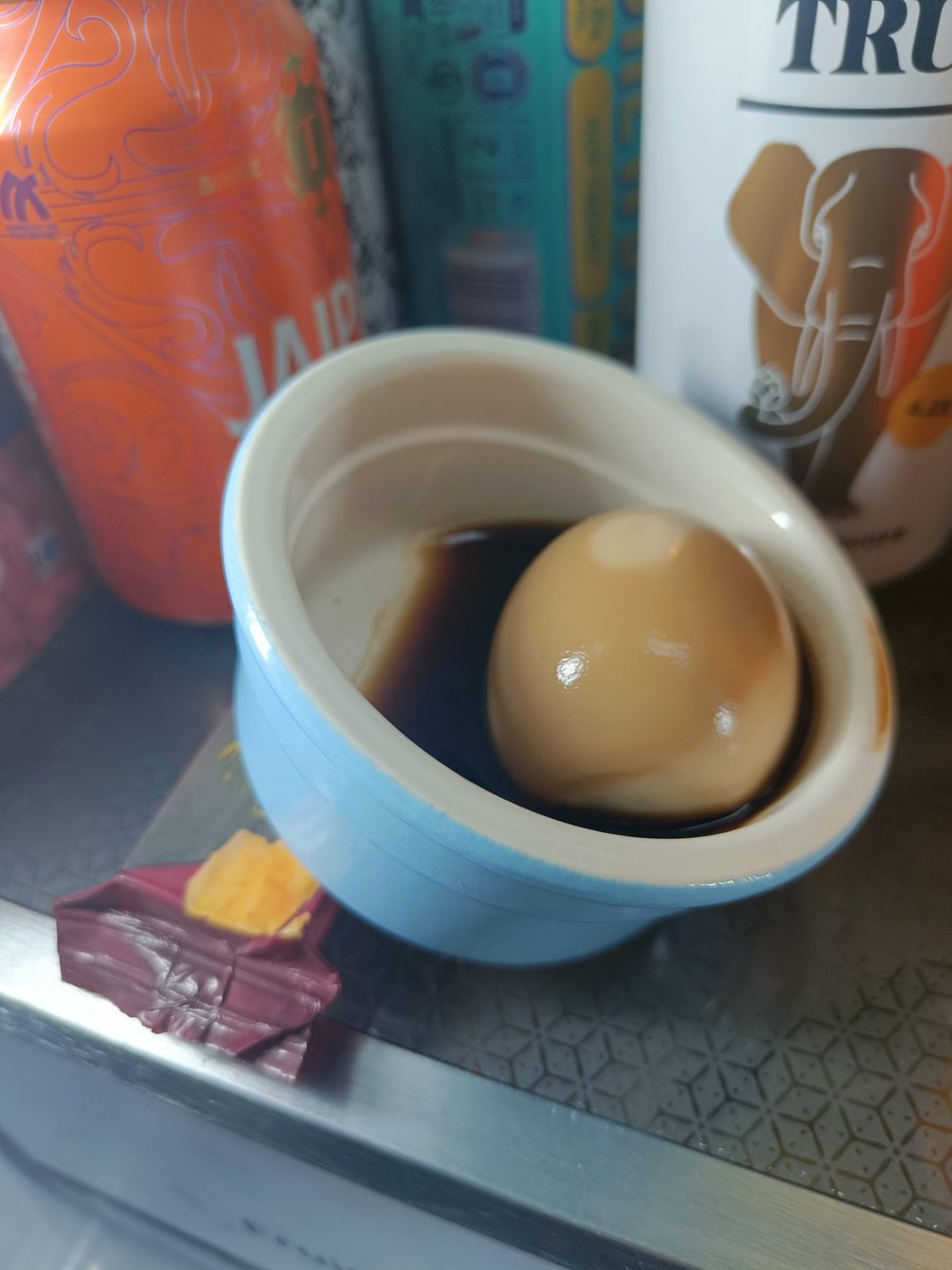 Question:
...how do you provide adequate soy sauce coverage of a boiled egg.....answer....prop it up on cheese sample and rotate regularly