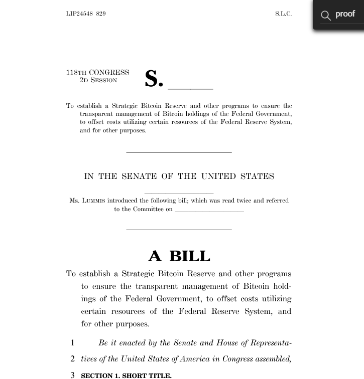 BTCmePLZ's tweet photo. #bitcoin Strategic Reserves Bill. Incredible milestone. If passed, will be seen in hindsight as THE moment the US reversed its US Dollar hegemony decline and secured our future as the world's reserve currency for decades to come. Credit @SenLummis for incredible vision. https://t.co/qYPURBoW7L