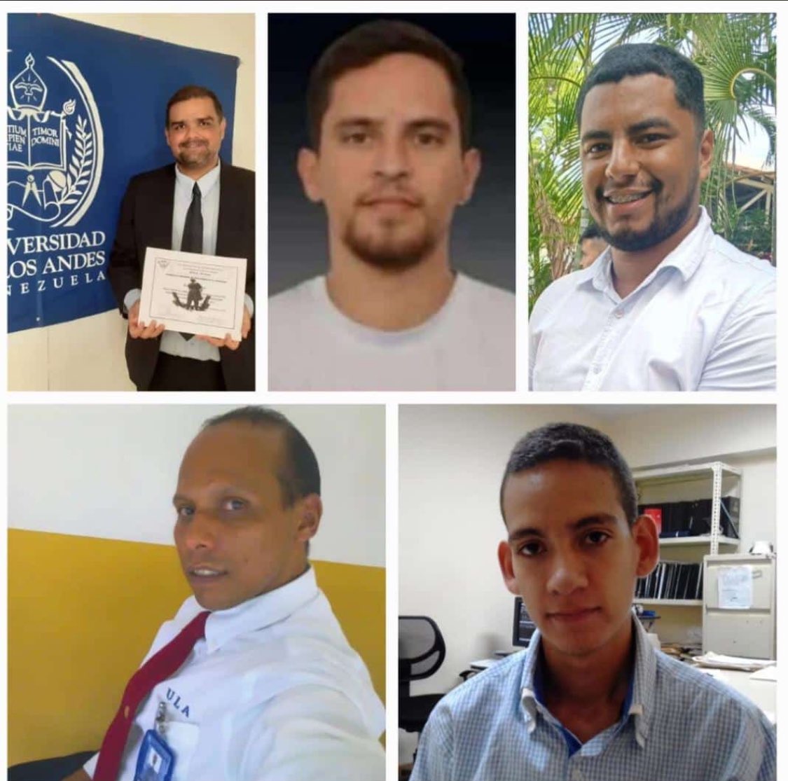 danielatestar's tweet photo. Los rostros de los ulandinos detenidos en #Trujillo 

Prof Gustavo Torres 
Br David Paul (camarógrafo de @VPITV )
Br Gerson Morillo 4o año de Medicina
Daniel Barrios (vigilante del Nurr) 
Dr Eduardo Madrid https://t.co/3PGsE4HxJL