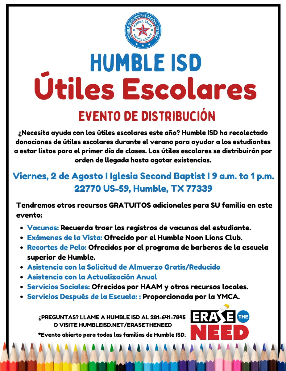 THIS FRIDAY, AUGUST 2ND FROM 9 A.M. Need school supplies? Humble ISD has collected donations to help students gear up for the first day of school! Supplies will be distributed on a first-come, first-served basis THIS FRIDAY, AUGUST 2ND, while they last.