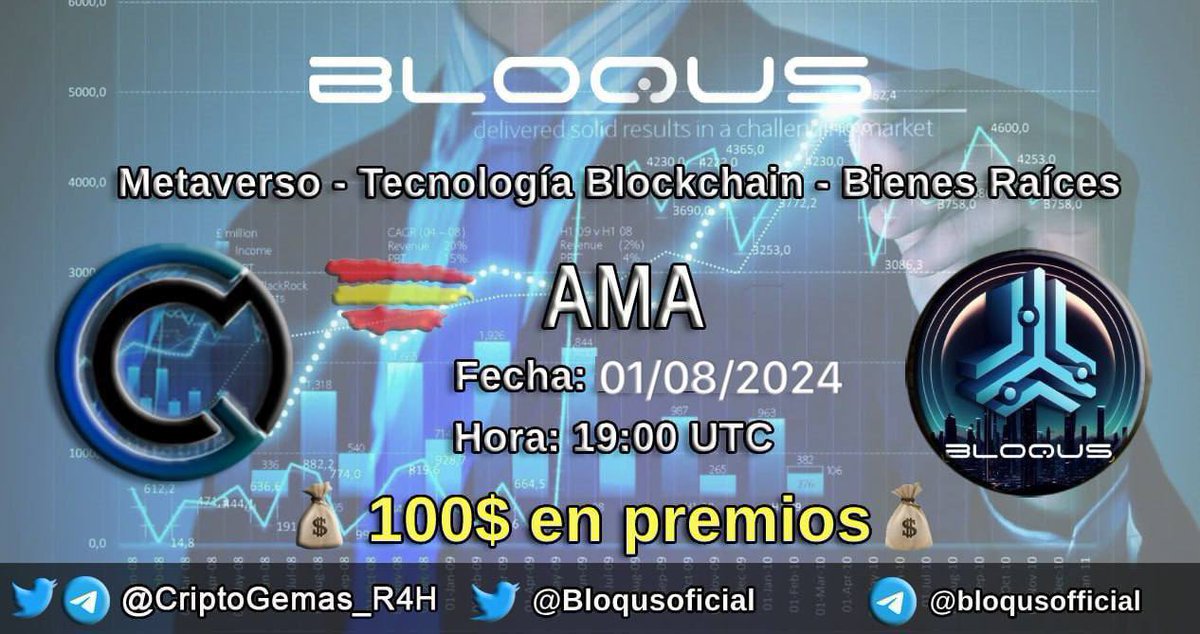 CriptoGemas_R4H's tweet photo. 🚨 AMA en CriptoGemas con @Bloqusoficial❗️

Jueves 1 de Agosto a las 19h UTC (21h España) 👀 tendremos un #AMA con #Bloqusoficial  🔥

👉🏻 Se sortearán 100$ en premios entre los asistentes del AMA 🥳
 
Link para el AMA: https://t.co/anFHxov9lb https://t.co/eiRzsOxnNU
