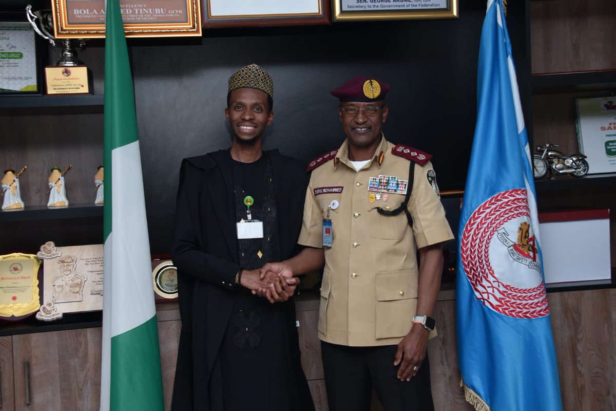 B_ELRUFAI's tweet photo. After plenary, I had the distinct honour of visiting a public servant that the entire nation should be proud of, the Corps Marshal of the Federal Road Safety Commission, CM Shehu Mohammed. A proud leader from our beloved Kaduna State. The recently appointed CM of the @FRSCNigeria is as a father to me by virtue of his close association to the former Governor of Kaduna, Baba @elrufai before I was even born. I visited the CM to wish him well and commend him for his immediate strategic moves to rejig the commission to ensure road safety, particularly in our highways, and increase transportation innovation. It was fantastic to witness the high morale in the Commission and the open door policy he has sustained from the time of his predecessor, former CM Dauda Biu. An amazing public servant in his own right. I pledged our humble support as lawmakers to CM Shehu Mohammed and pleaded with him to remember the young men and women of Kaduna North when it comes to recruitment and other opportunities, within the confines of the law. As a former Assistant Corp Marshall, I have no doubt that the Commission is in good hands under his tutelage. I would like to thank him for giving our team the time to pay him a visit. May God guide him and his team as they continue to discharge their duties.