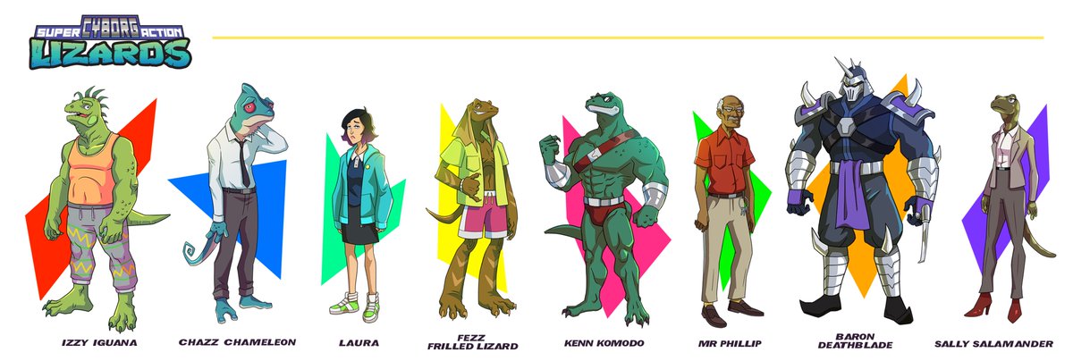 Kuettelonia's tweet photo. Character Designs for a pitch I put together called Super Cyborg Action Lizards. 
The idea was an animated adult comedy satirizing the Ninja Turtles and other saturday-morning-animal-based-crime-fighting-teams (there are weirdly a LOT of them). https://t.co/Gsj3FZOBVU