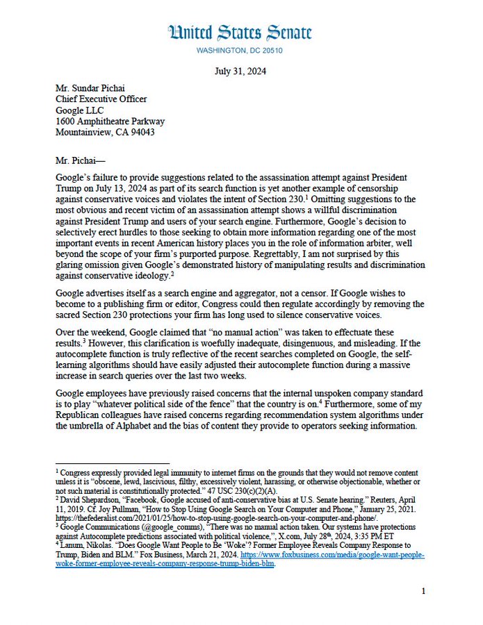MarioNawfal's tweet image. 🚨🇺🇸SEN. MARSHALL: NO MORE HIDING GOOGLE, YOUR TIME IS UP —TIME TO INVESTIGATE

"I am launching a full investigation into Google's censorship &amp;amp; bias that is constricting the free flow of information.

Google, the largest Search Engine Operator in the world, has become a…