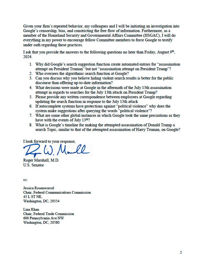 MarioNawfal's tweet image. 🚨🇺🇸SEN. MARSHALL: NO MORE HIDING GOOGLE, YOUR TIME IS UP —TIME TO INVESTIGATE

"I am launching a full investigation into Google's censorship &amp;amp; bias that is constricting the free flow of information.

Google, the largest Search Engine Operator in the world, has become a…