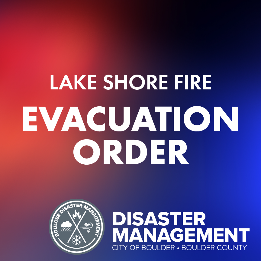 BoulderOEM's tweet photo. Crews are responding to a new fire in Boulder County. An Evacuation Order has been issued for Lake Shore Park neighborhood, northeast of Gross Reservoir. Text BOCOinfo to 888777 for updates and check https://t.co/qO4GpUsSPV. https://t.co/i4n7aCBObP