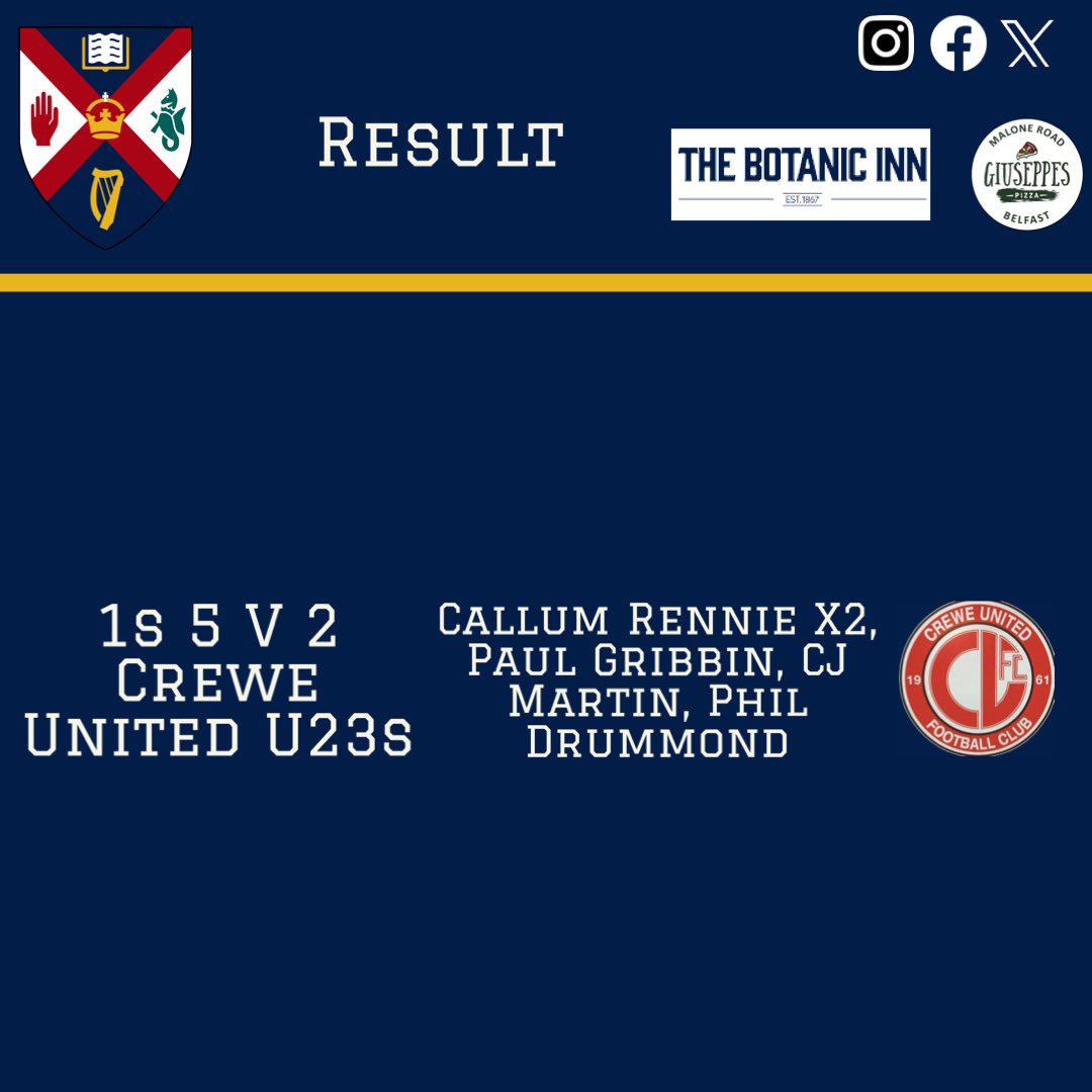 Queensgrads's tweet photo. Pre Season Result

1s 5 V 2 @creweutdfc U23s

⚽️ Callum Rennie X2, Paul Gribbin, CJ Martin, Phil Drummond

Thanks to @BotanicInn for their continued support and good luck to Crewe for the season. https://t.co/4yEUFADs6s