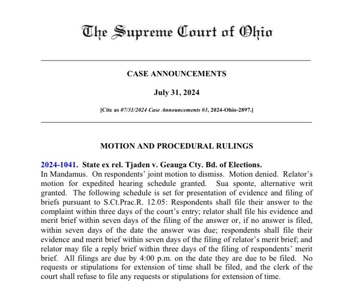 JustinTjaden's tweet photo. The Ohio Supreme Court has denied the #Geauga and #Ashtabula County BOE’s Motion to Dismiss my (new) lawsuit for ballot access. 

Good or bad, we are getting an opinion. https://t.co/i7Gvd9pSeS
