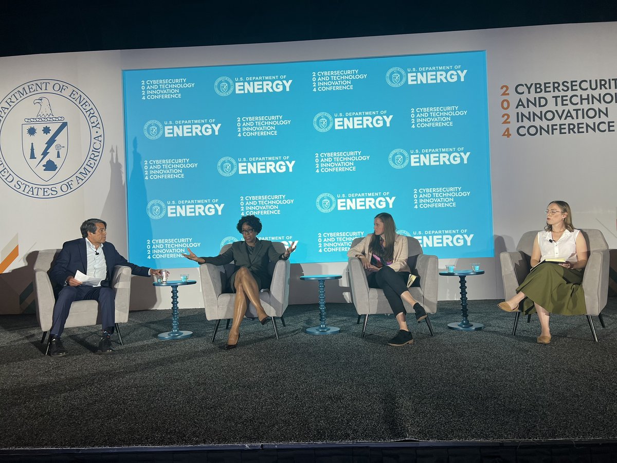 EnergyCIO's tweet photo. Closing out Day 3 of the DOE Cyber Conference with a fireside chat about orchestrating a modern energy sector!

Moderator:
@ENERGY'S Assistant Secretary Gene Rodrigues

Panelists:
@energygovuk's Kyna Bowers &amp; Annabel Fleming
@TheKeystoneCtr's Paula Gold-Williams

#DOEInnovates24 https://t.co/BzSVjonNKE