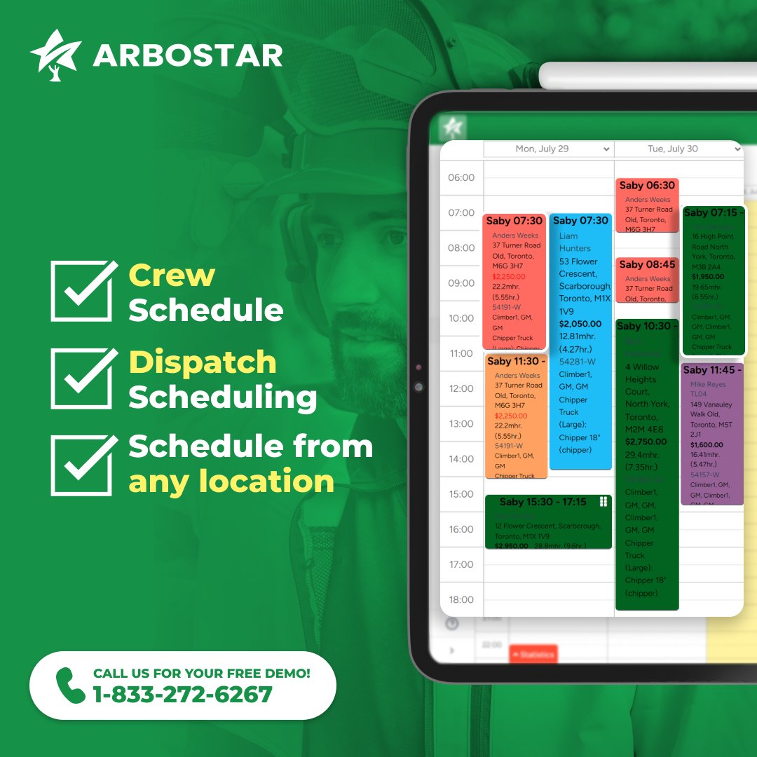 ArboStar’s Scheduling feature, created by arborists, streamlines everything. Easily create crews, assign work orders, and add necessary equipment and notes. 

Make accurate estimates, enjoy more time with your family!

#treecare #treecarebusiness #crm #tree #arborist #treeremoval