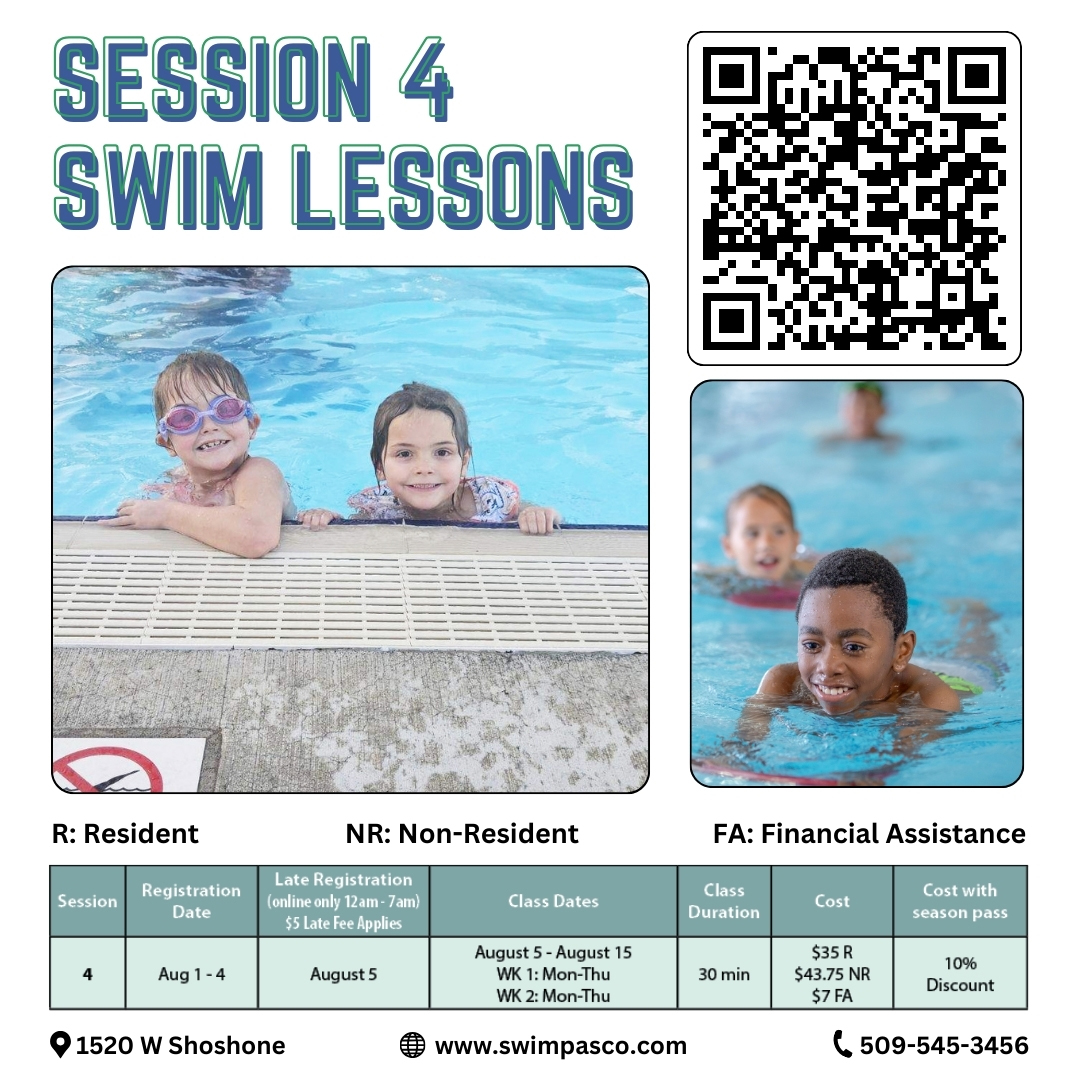 Session 4 Swim Lesson Registration begins at 8am Thursday, August 1. To ensure securing your child's spot, don't delay register online at ww.swimpasco.com or scan the QR Code to register. Do you have a new address or  phone number? Update your account to stay connected!