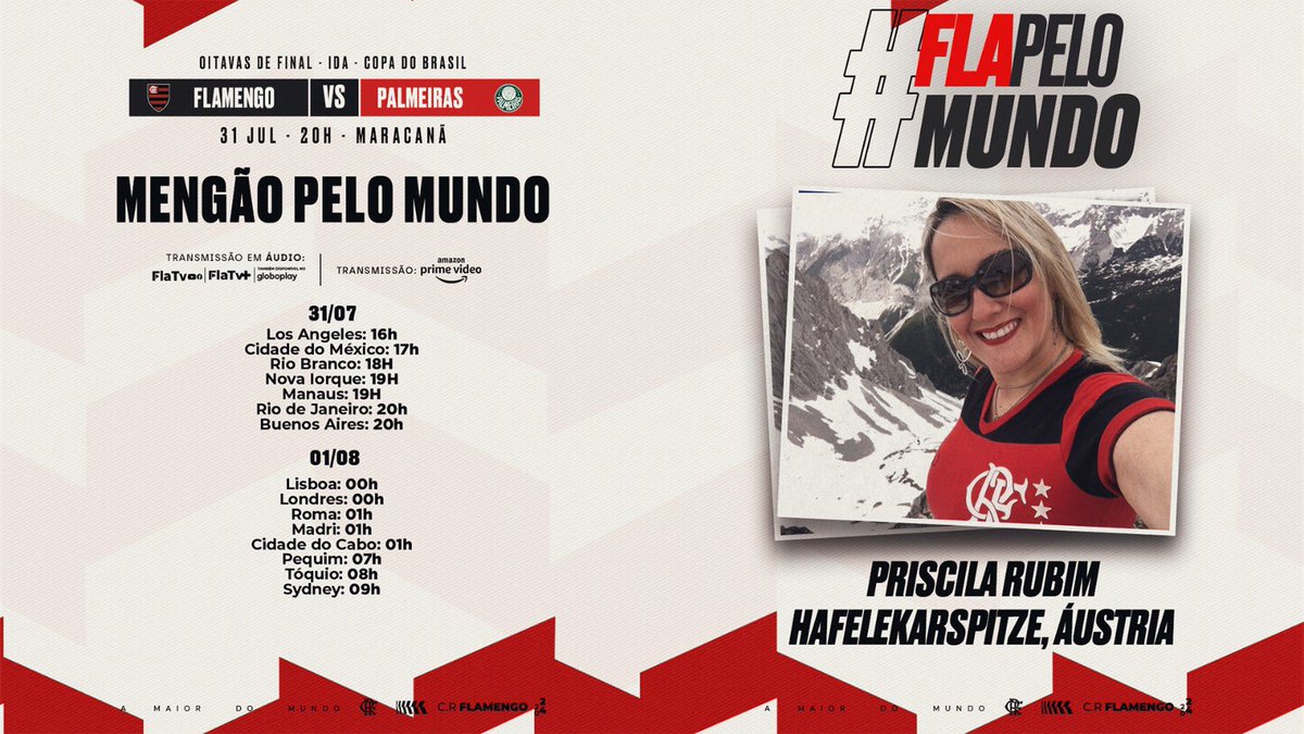 Flamengo's tweet photo. 👀 nos horários! 

Quer aparecer nas nossas redes sociais? Vem de #FlaPeloMundo! 

#FLAxPAL #VamosFlamengo https://t.co/ybCYd4cvpf