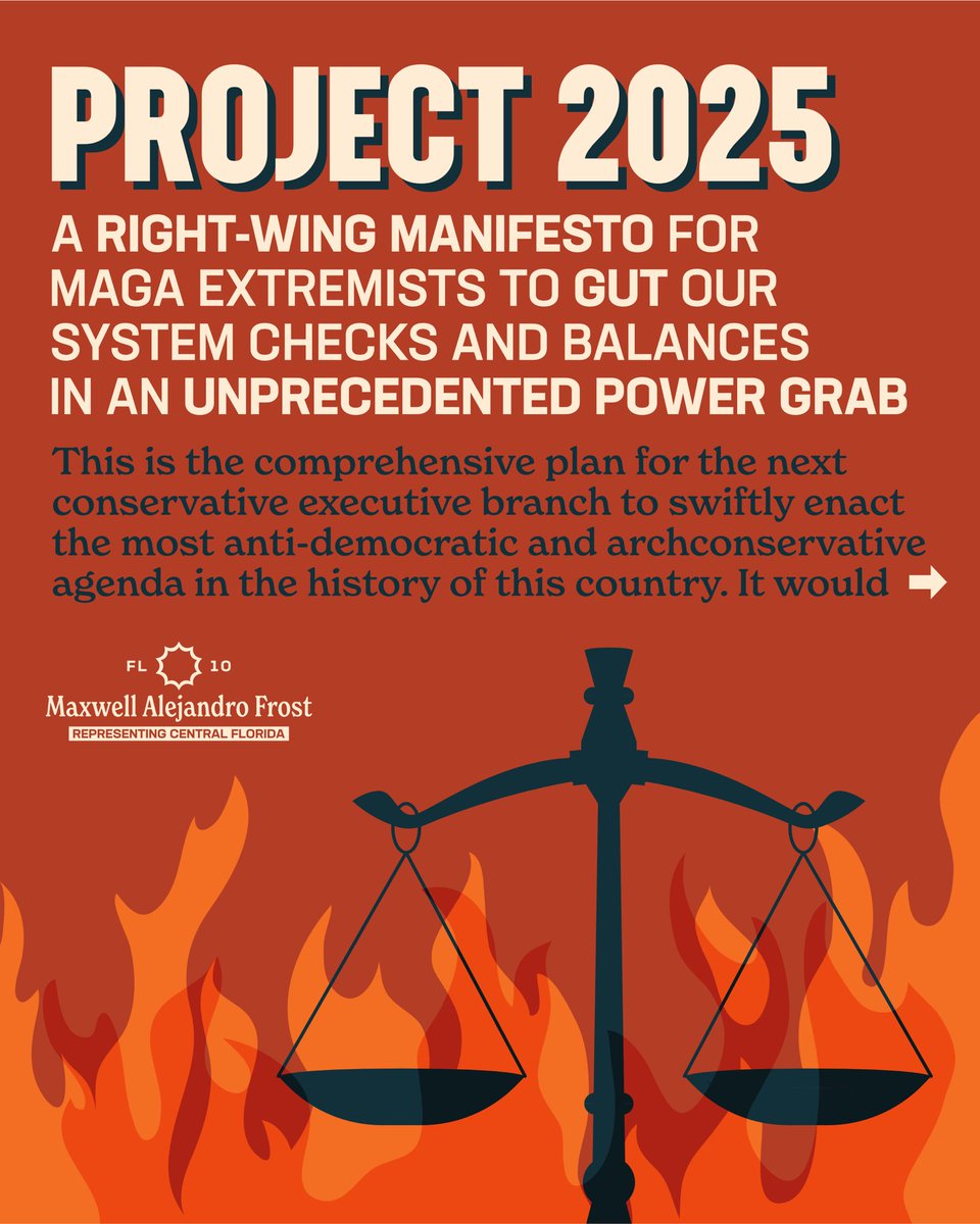 RepMaxwellFrost's tweet photo. Project 2025 is a power grab that would undermine democracy, destroy checks and balances, and take away the personal freedoms of countless Americans. We can't allow far-right extremists get away with this dangerous plan. 

That's why I've joined the Stop Project 2025 Task Force—to ensure everyone knows what’s at stake and to protect our democracy from this dangerous manifesto becoming a reality.