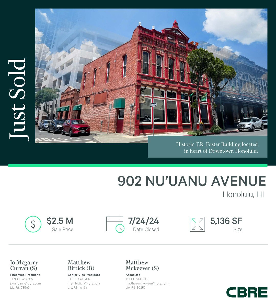 I am pleased to announce the successful sale of the T.R Foster Building. We achieved the asking price and received multiple backup offers.

And of course, a big mahalo to the Black Shamrock Tavern for being my go-to spot for celebrating wins and making connections.

<a href="/CBRE/">CBRE</a>