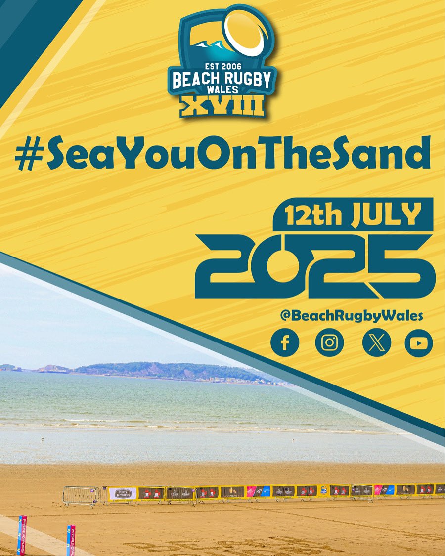 Save the date…

Beach Rugby Wales XVIII will take place on Saturday the 12th July 2025.

Entries are now open via the link in the bio.

52 teams……

24 Team Men’s &amp; Rainbow Cup
12 Team Ladies
12 Team Veteran
4 Team Walking Rugby Mixed (NEW)

Hopefully, we can #SeaYouOnTheSand