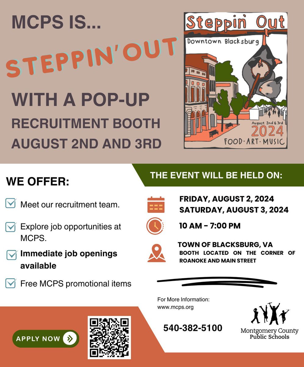 Come see us at Steppin' Out in downtown Blacksburg! The MCPS team will have a pop-up recruitment booth on August 2-3, from 10 a.m. until 7 p.m. Drop by and say "hi" or inquire about some of our open positions!

#WeAreMCPS